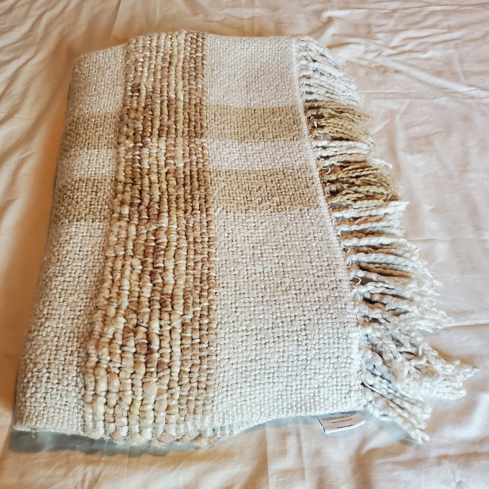 Threshold Woven Acrylic Throw Blanket Cream Tan Striped Fringe 46x60